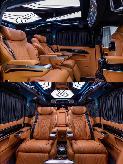 Manufacturer of upgrade kits for Mercedes V300d and V250d, including exterior body kits, interior components, aviation-style seats, and other accessories.