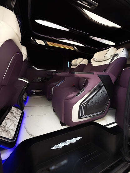 Toyota Sienna interior customization featuring luxury seats, overhead lighting, curtains, flooring, folding tables, and more.