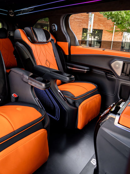 Sienna upgrades: interior and exterior styling, headlights, rear spoiler, luxury seats/bed, and waterproof flooring.