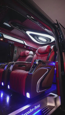 Mercedes-Benz Vito: Upgraded interior/exterior styling, luxury captain's chairs, waterproof flooring, and electric curtains.